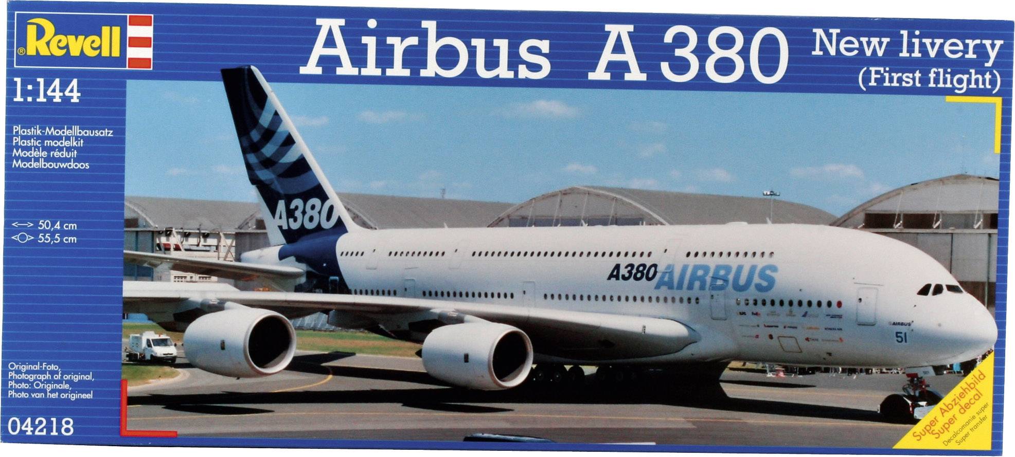 Airbus A380 Model Kit Packaging, showing the aircraft on the runway. Packaging text: 'Airbus A380, New Livery, First Flight'.