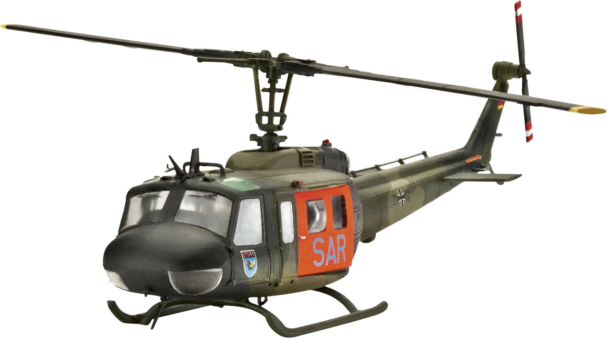 A model helicopter in a military style with an orange 'SAR' print on the side, presumably for search and rescue operations.