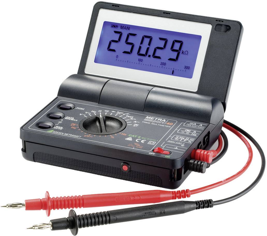 Digital multimeter showing '250.29 kΩ'. Red and black test leads connected at the front.