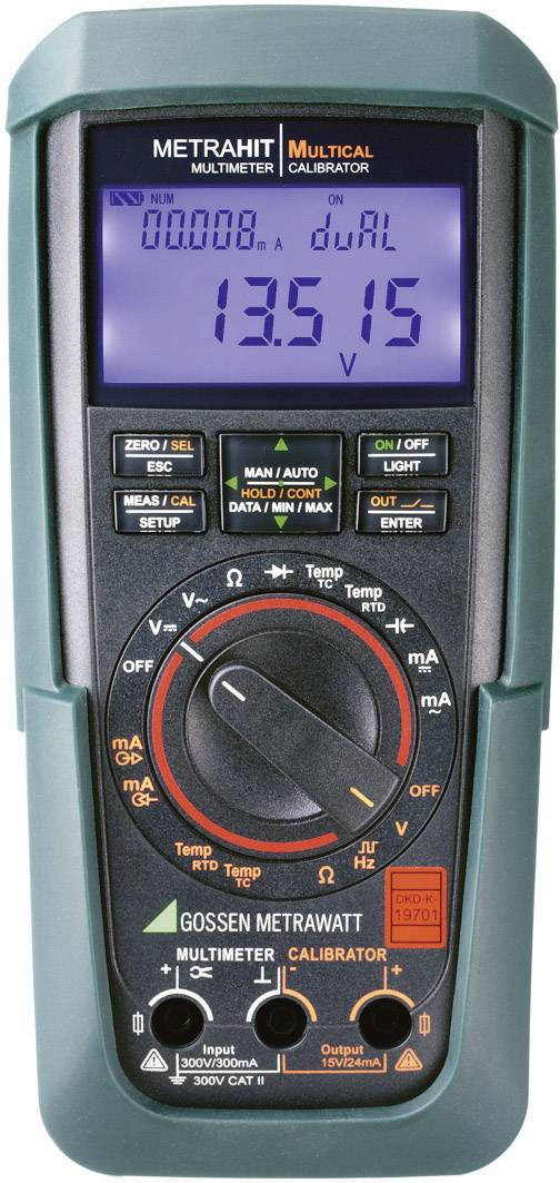 Digital multimeter with blue display, showing 13.515 volts. Several buttons for control and a large rotary switch for settings.