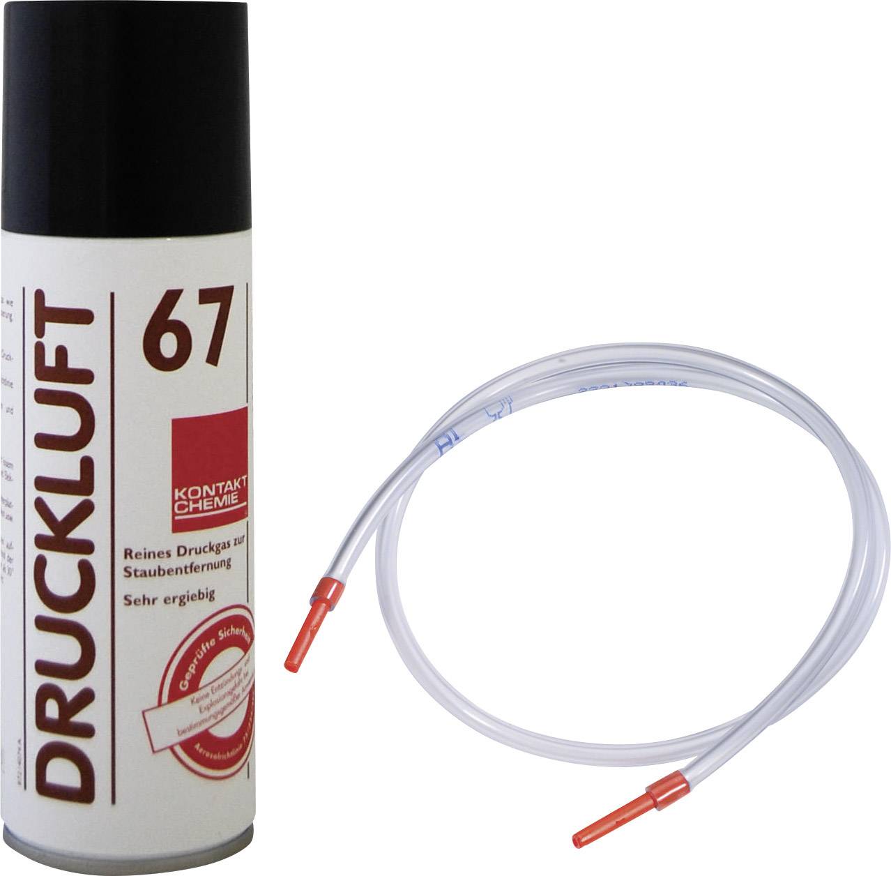 A can of compressed air 67 for dust removal and a transparent tube with red ends, possibly for specialist applications.