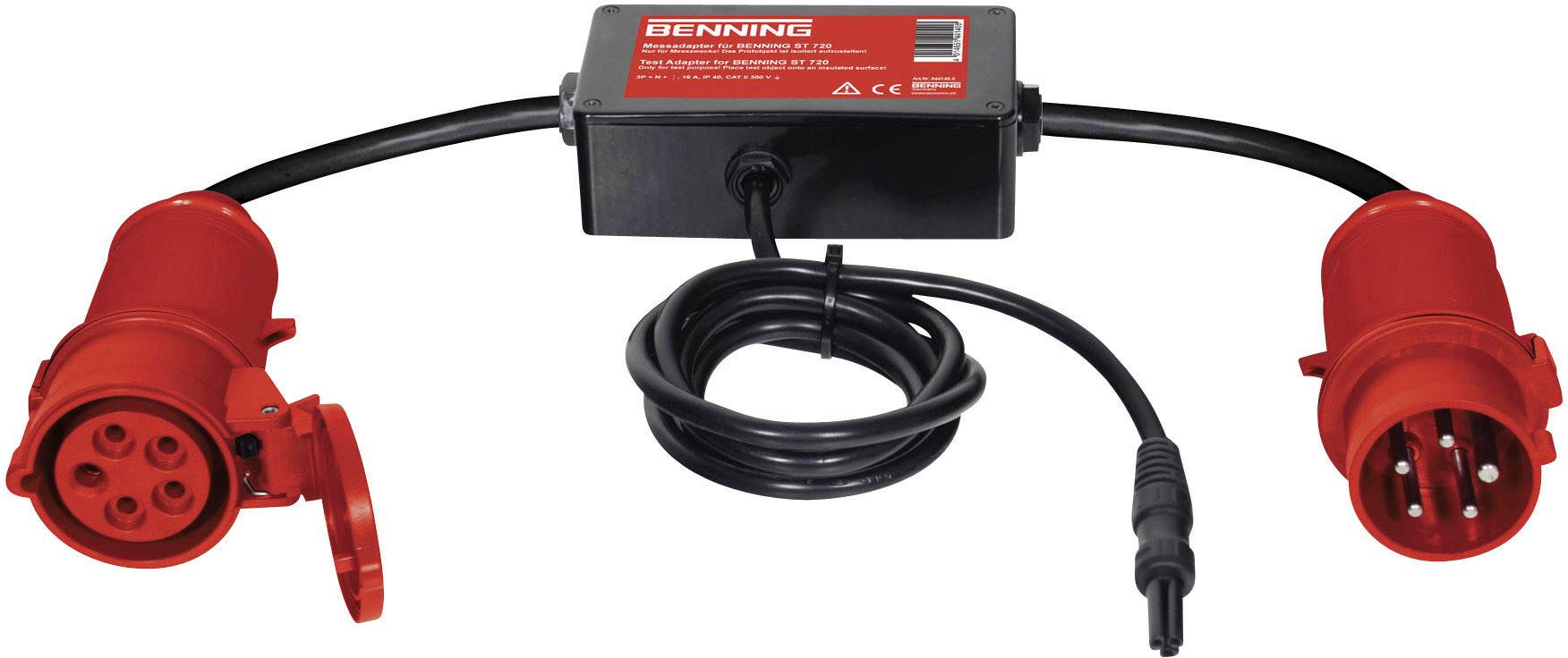 'Benning' surge protection adapter with two red industrial plugs and a black central section. Used to protect electrical equipment.