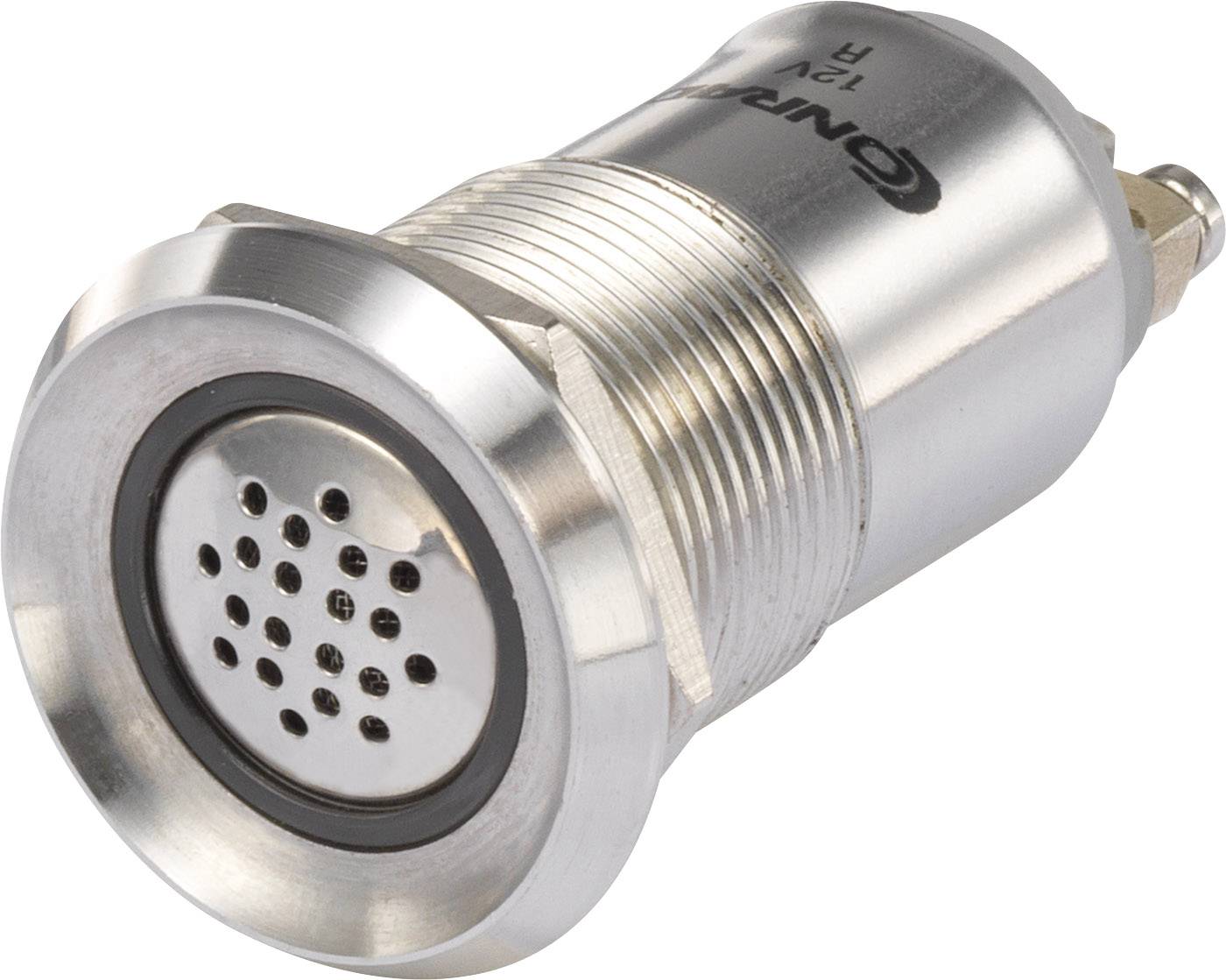 A round metal buzzer with ventilation holes, suitable for 12V systems. Commonly used in devices for acoustic signalling.