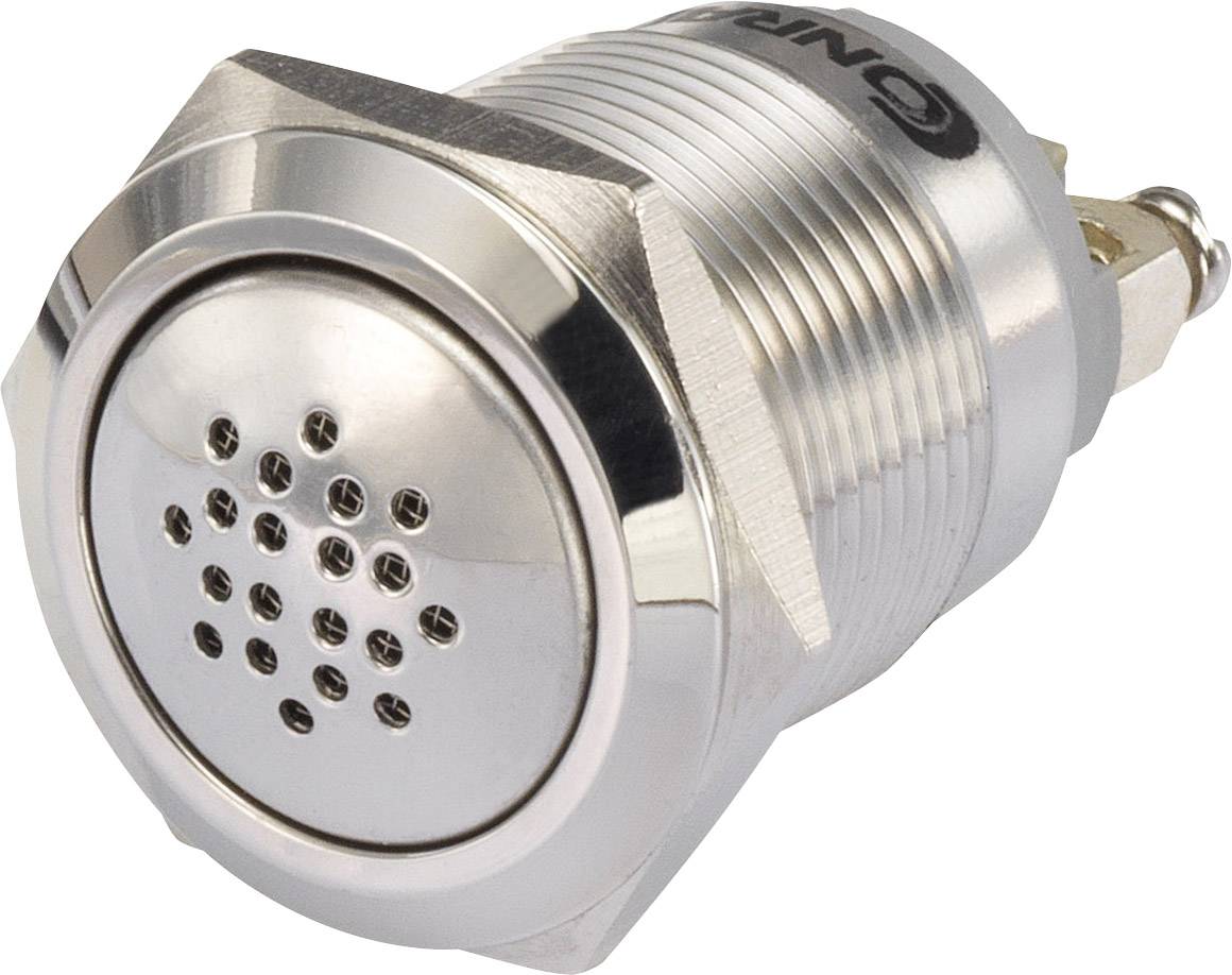 A round, silver sensor with a perforated front and a threaded section for mounting. A black inscription is visible on the top.