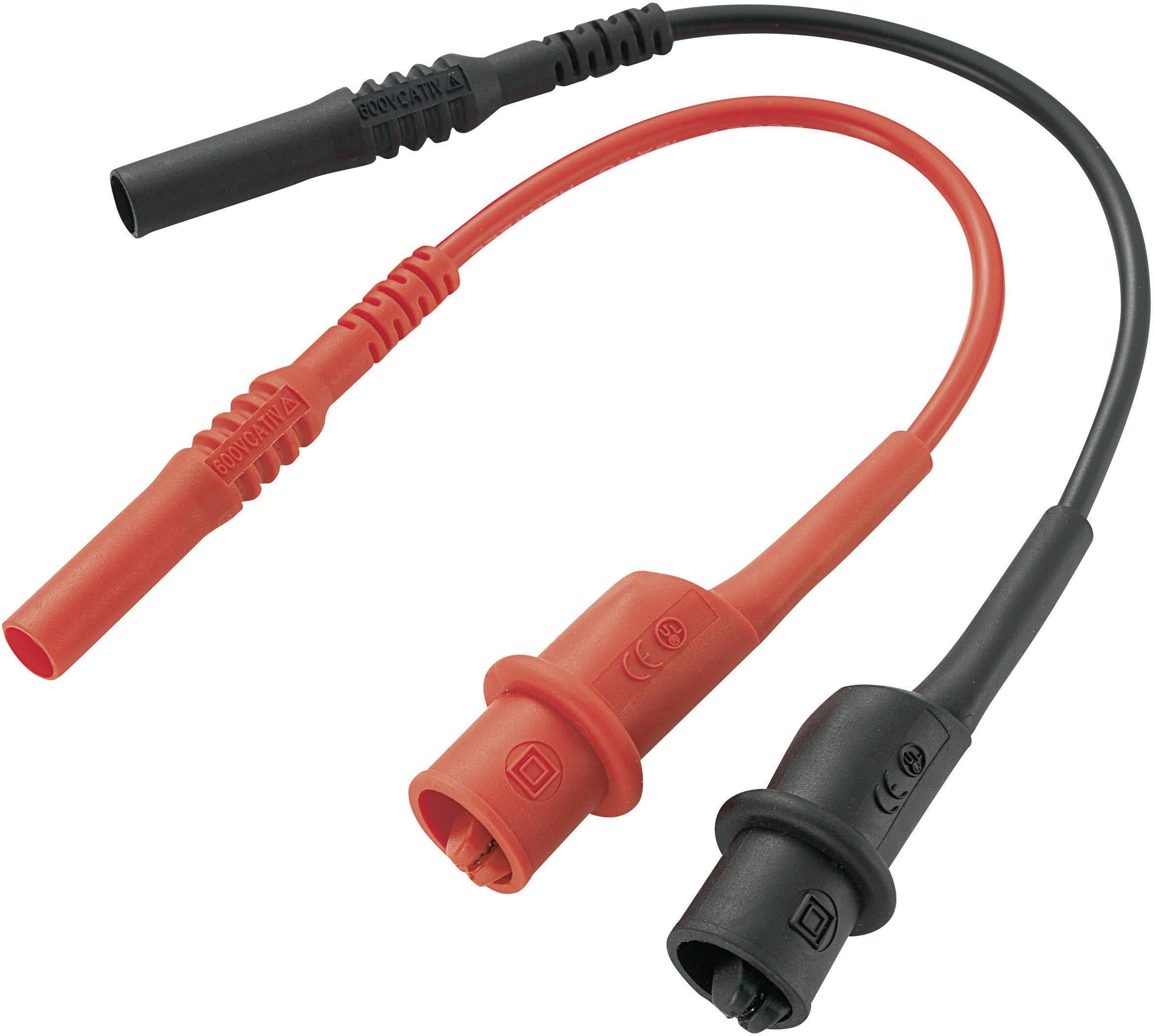Two measuring leads, one red and one black, with insulated plugs and clips for electrical measuring instruments.