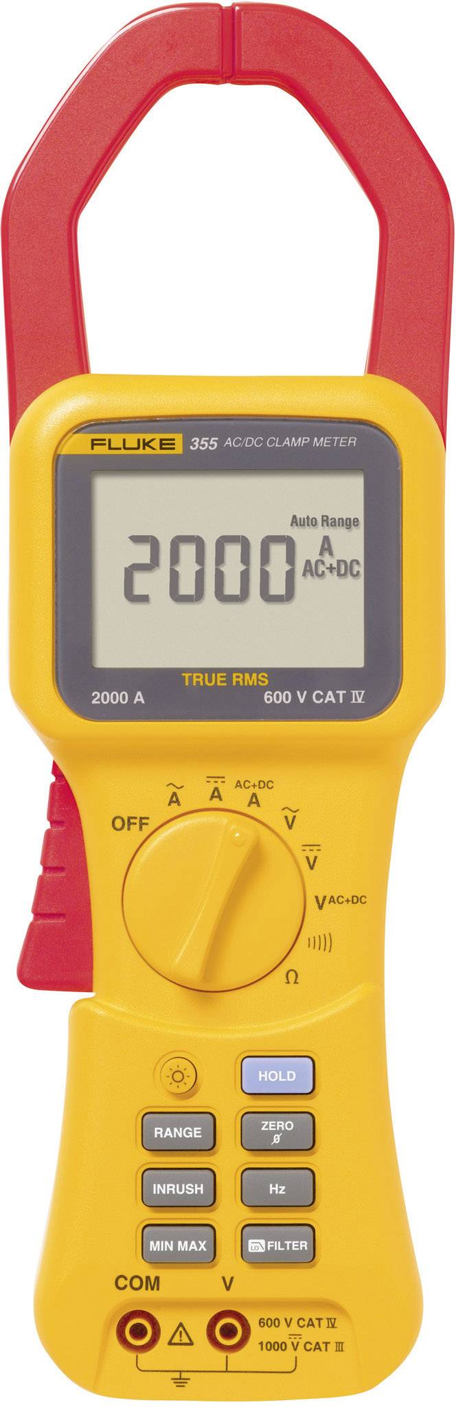 Digital measuring device with a yellow casing and red handle, displaying '2000' on the screen. Functions for current and voltage measurement.