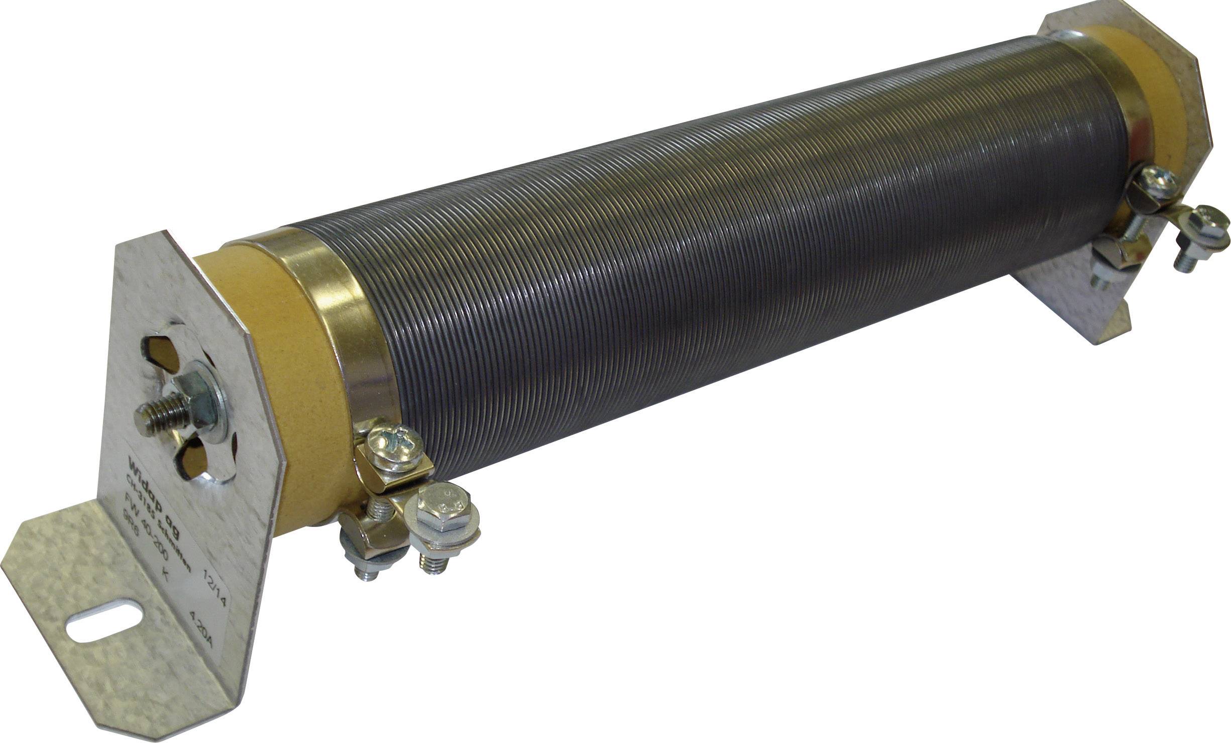 A cylindrical electrical resistor with metal holders at the ends and wire coil, mounted for electrical applications.