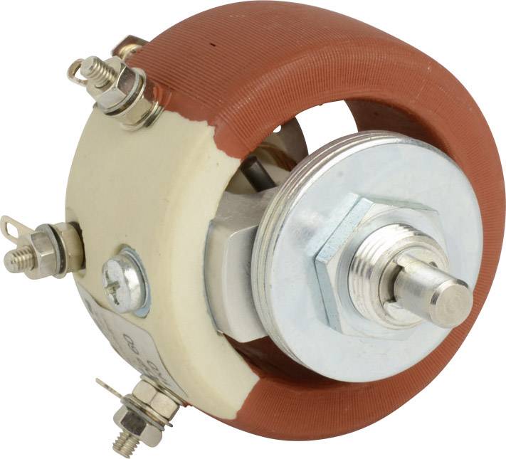 Round electrical resistor with a rust-brown casing, multiple connection terminals and a central rotating control knob on a metal shaft.