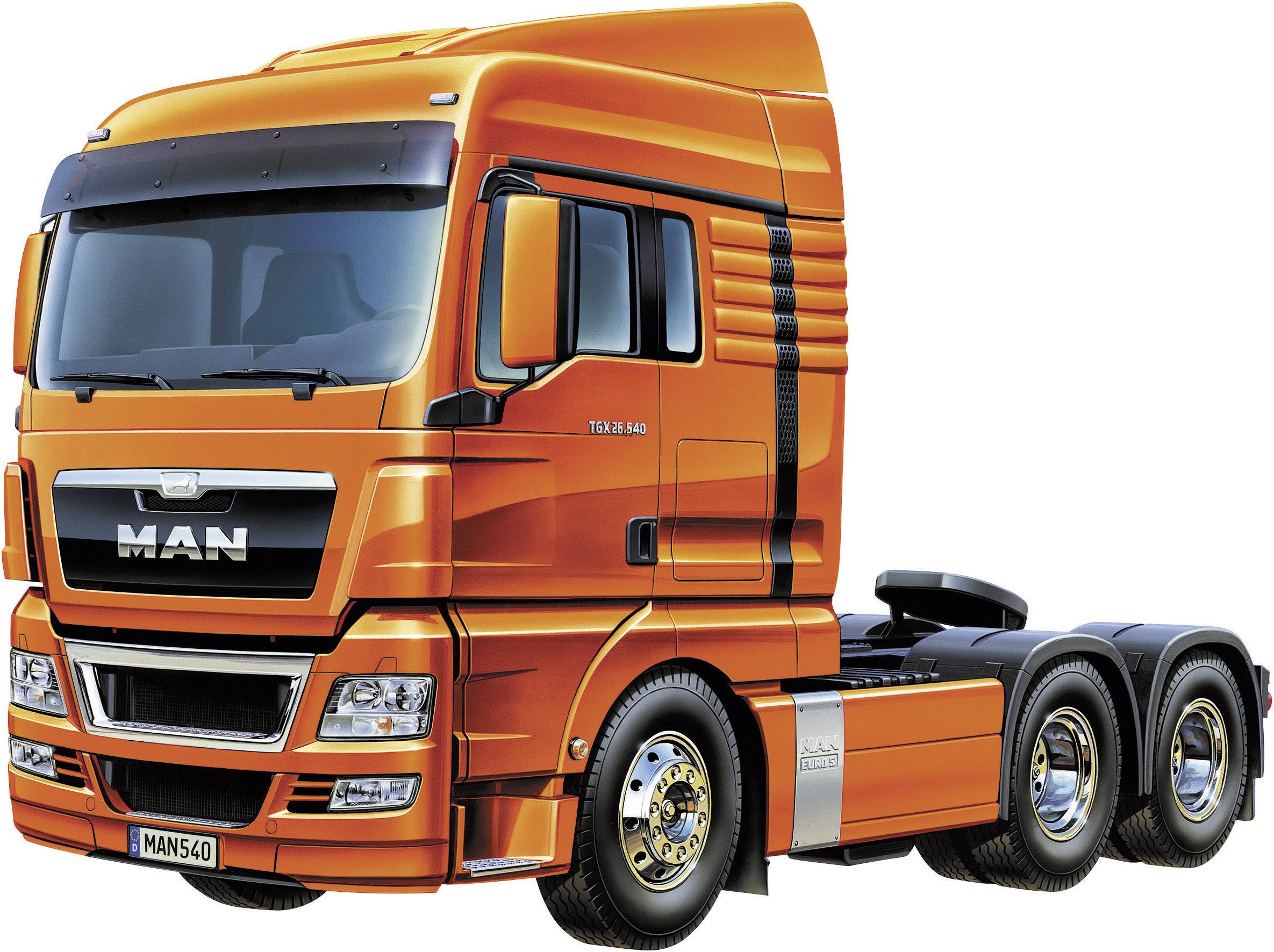 A large, orange lorry without a trailer, viewed from the side, stands on a white surface.