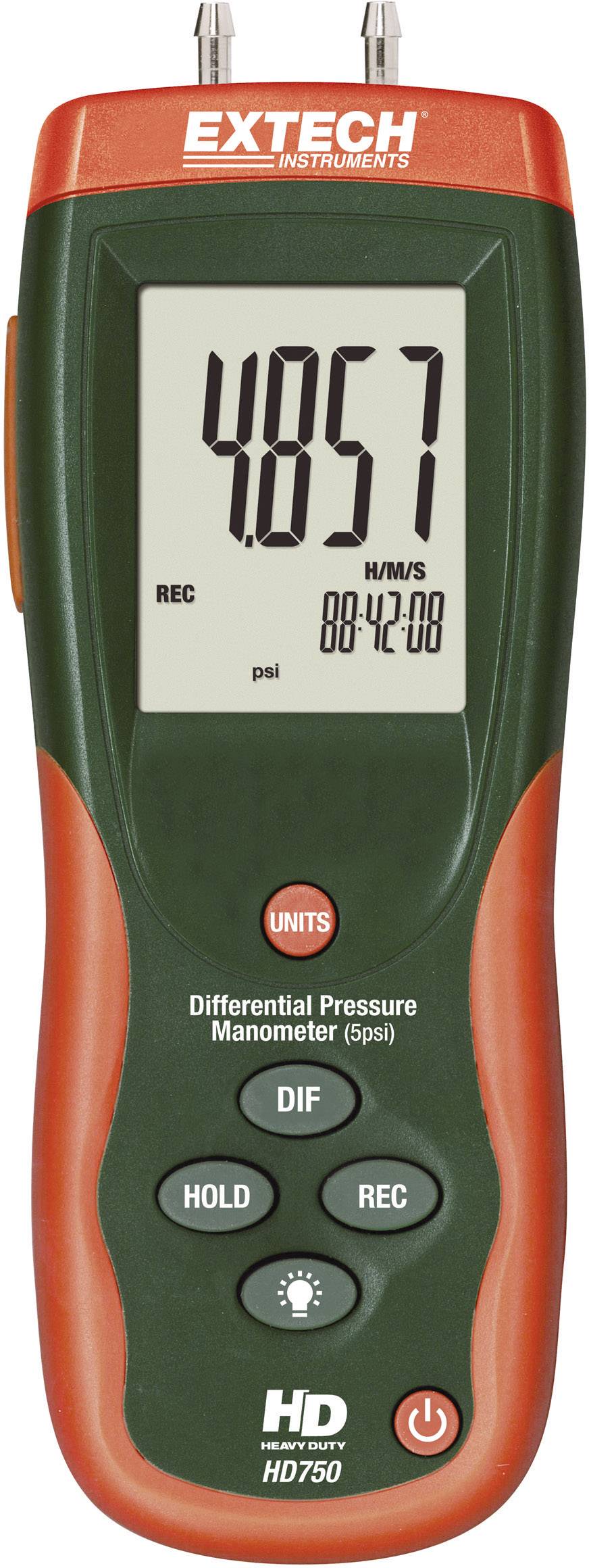 Differential Pressure Manometer (Extech HD750) shows 4.057 psi on a digital display. Buttons for units, hold, DIF and rec are present.
