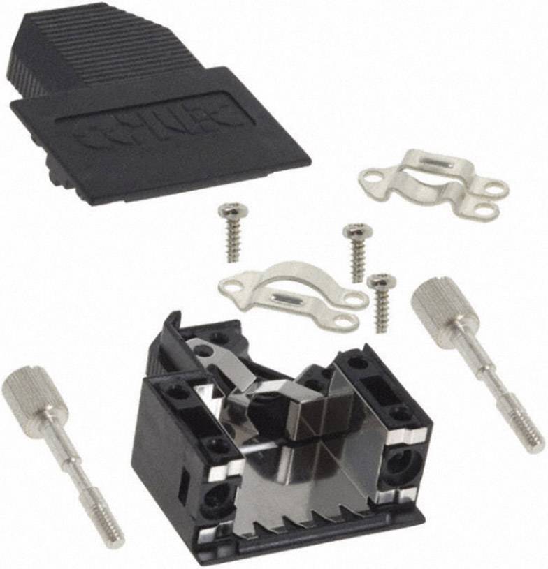 Various parts of a connector, including housing, screws and contacts, arranged on a white background.