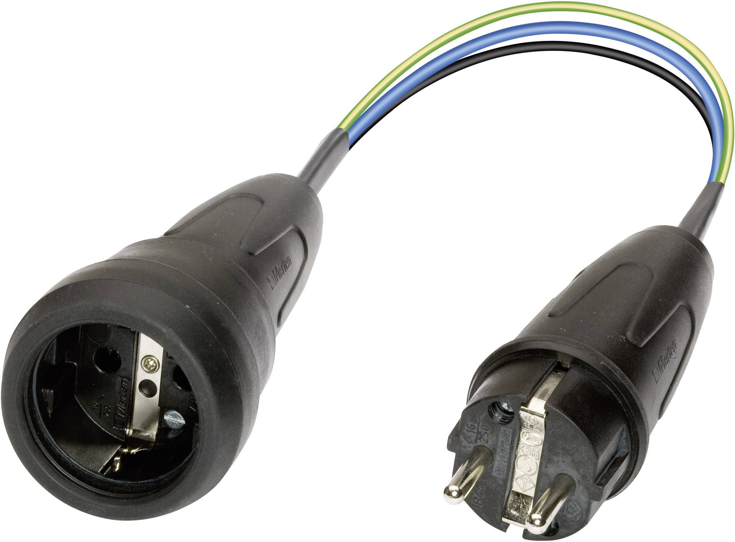 A black adaptor cable with Schuko plug and socket, earthing wires in yellow-green-blue. Suitable for European power sockets.