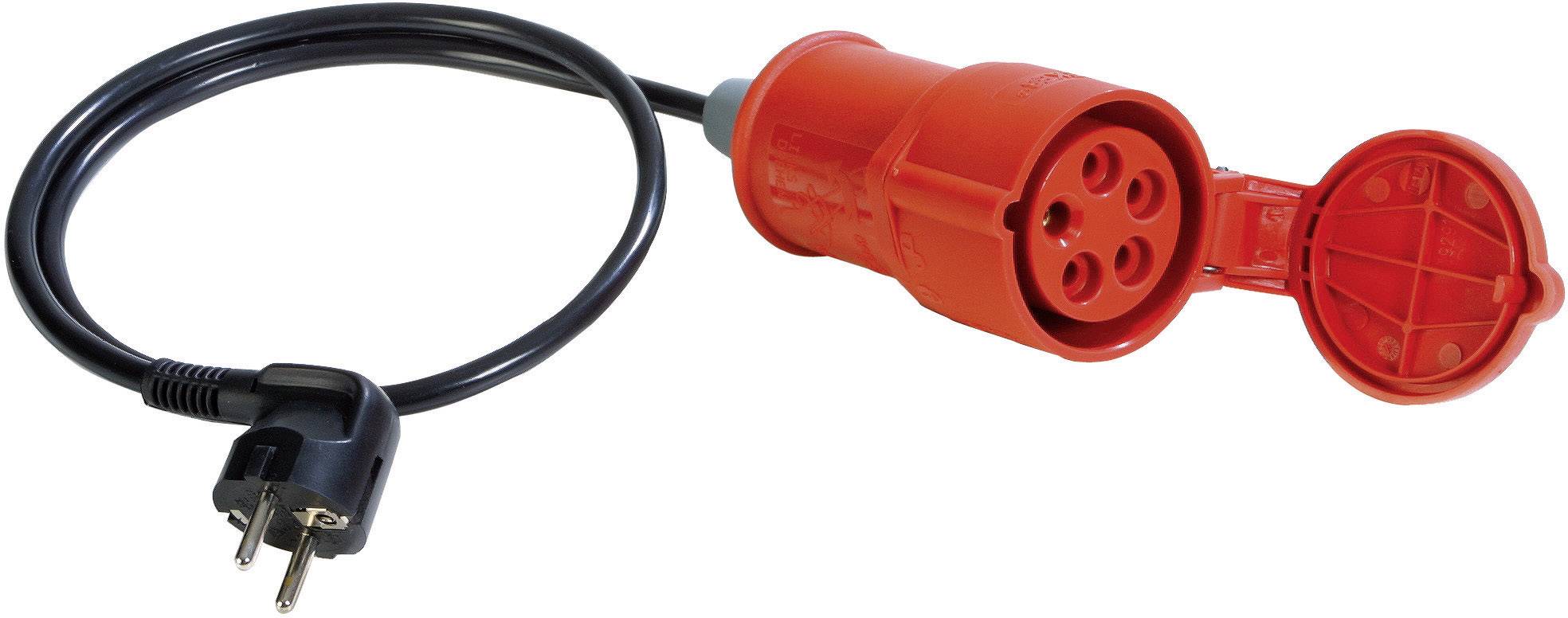 Red CEE extension cable with three-pole plug and socket.