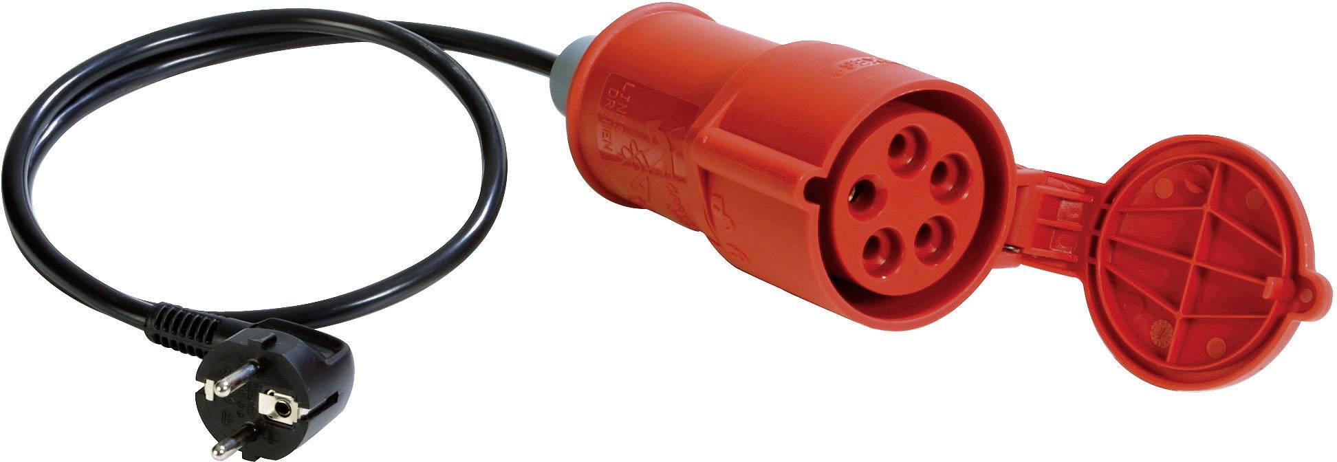 Red CEE plug with four sockets and black cable with Schuko plug, used for industrial electrical connections.