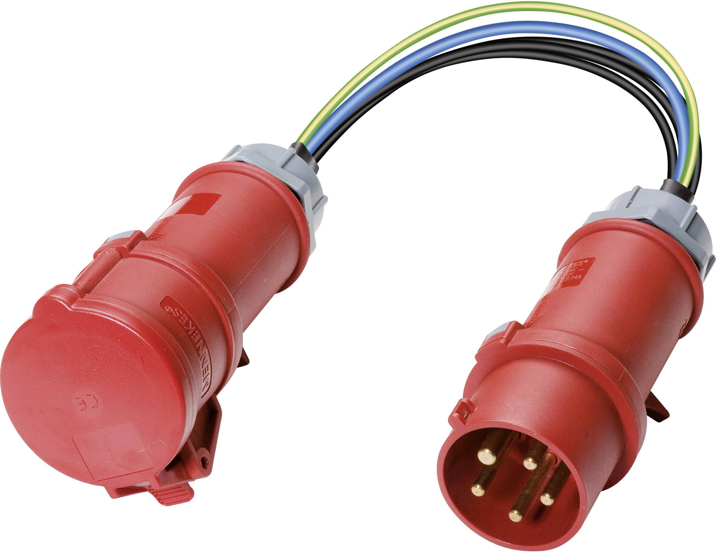 Red CEE power plug with socket and five coloured cables, used for industrial electrical connections.