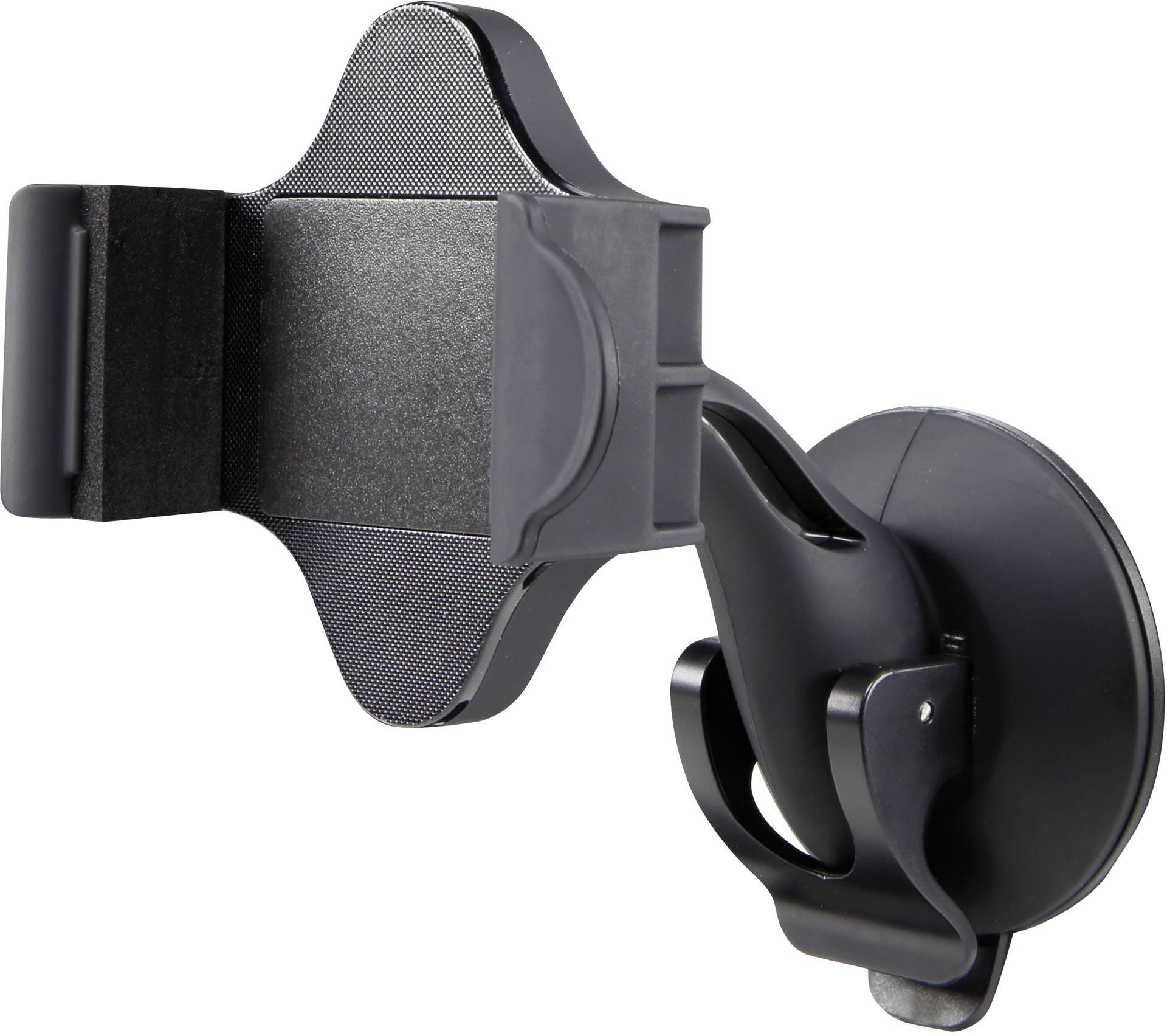 Black mobile phone holder for the car with adjustable grip arm and suction cup, for attachment to the windscreen or dashboard.