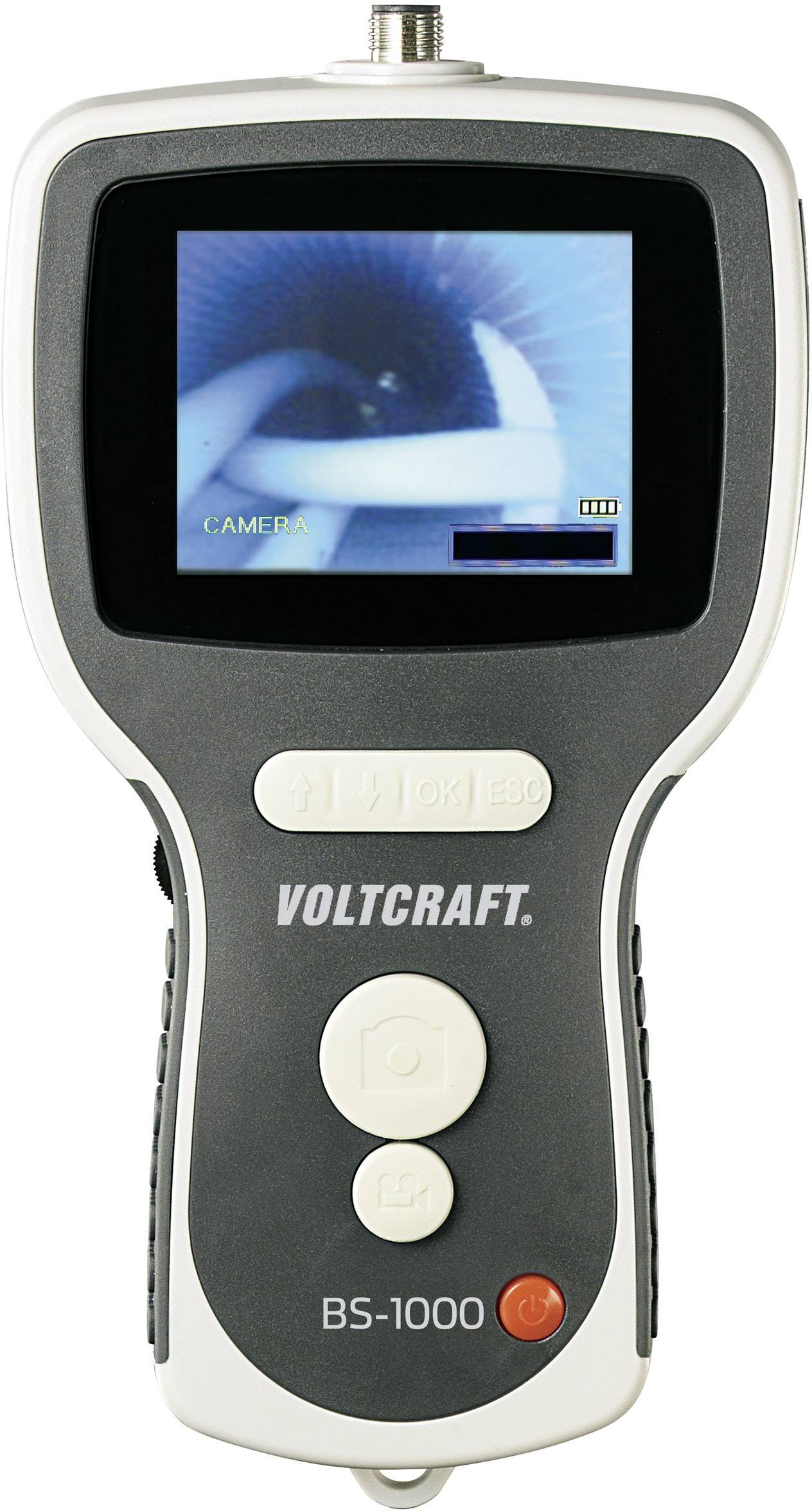 A portable endoscope device with a screen. Marked 'CAMERA' bottom left. Brand: Voltcraft, Model: BS-1000.