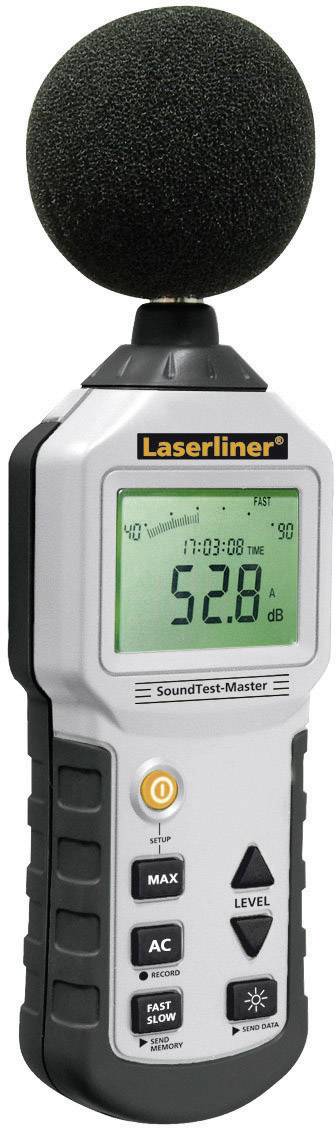 A sound level meter displays a reading of 52.8 dB on the display. The device has buttons for various settings.