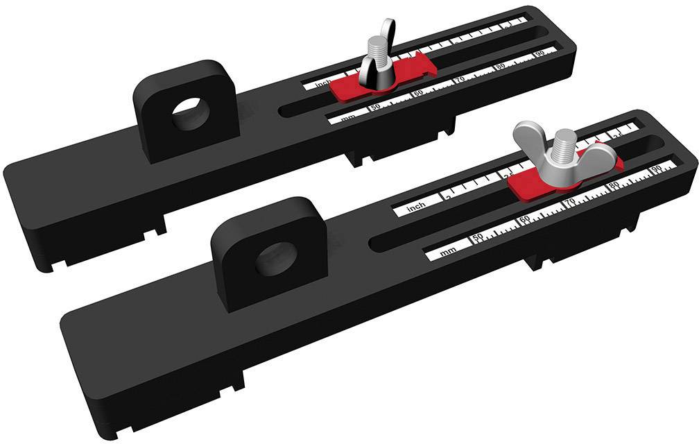 Two black adjustable rails with scales in inches and millimetres, each with red markings and wing nuts for fixation.