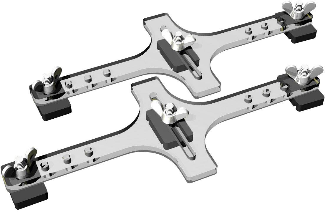 Two parallel silver metal frames with adjustable screws and wing nuts, presumably for fixing or alignment.