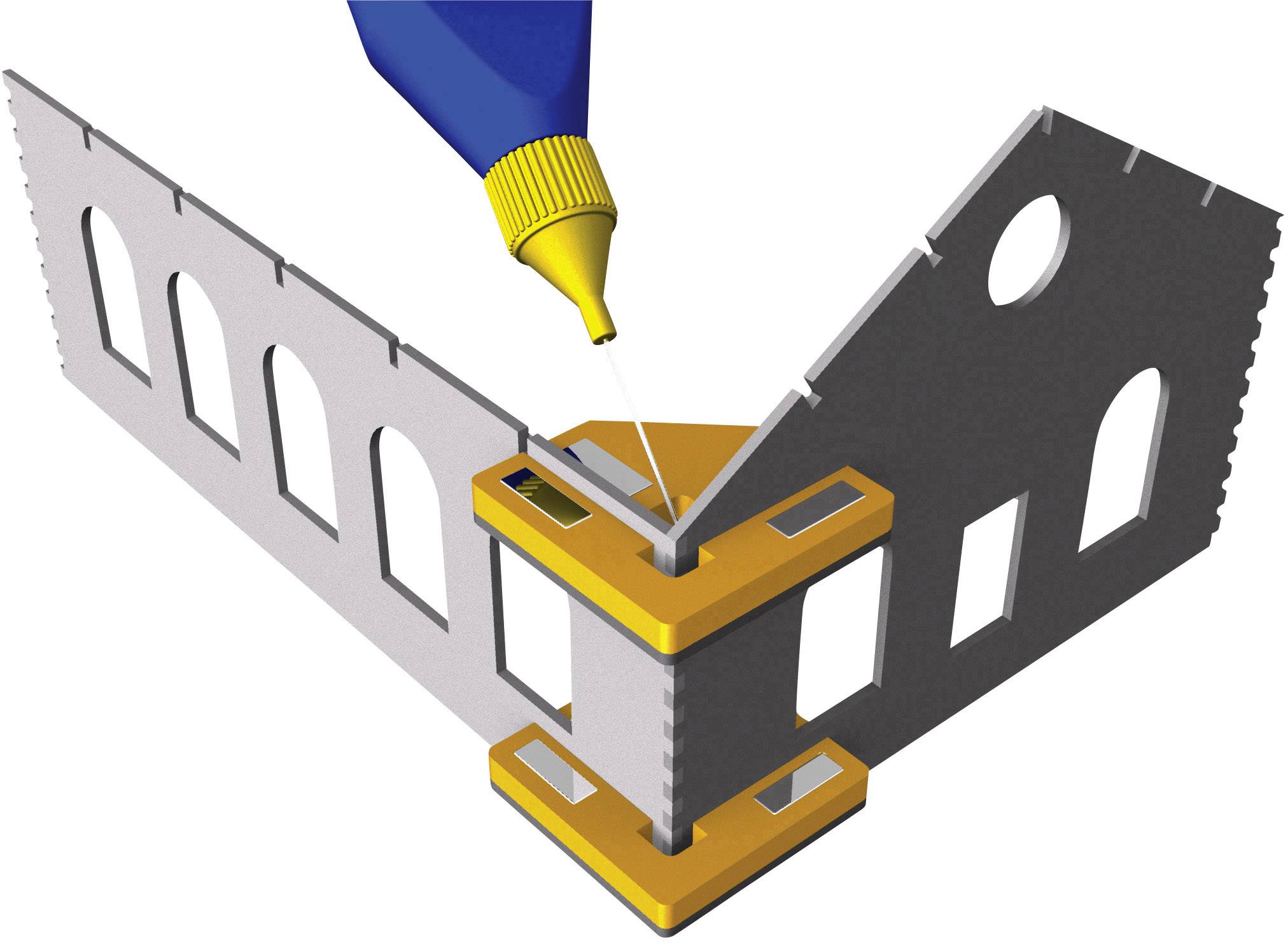 A glue is applied to a model building wall section with arches to connect two parts at a corner point.