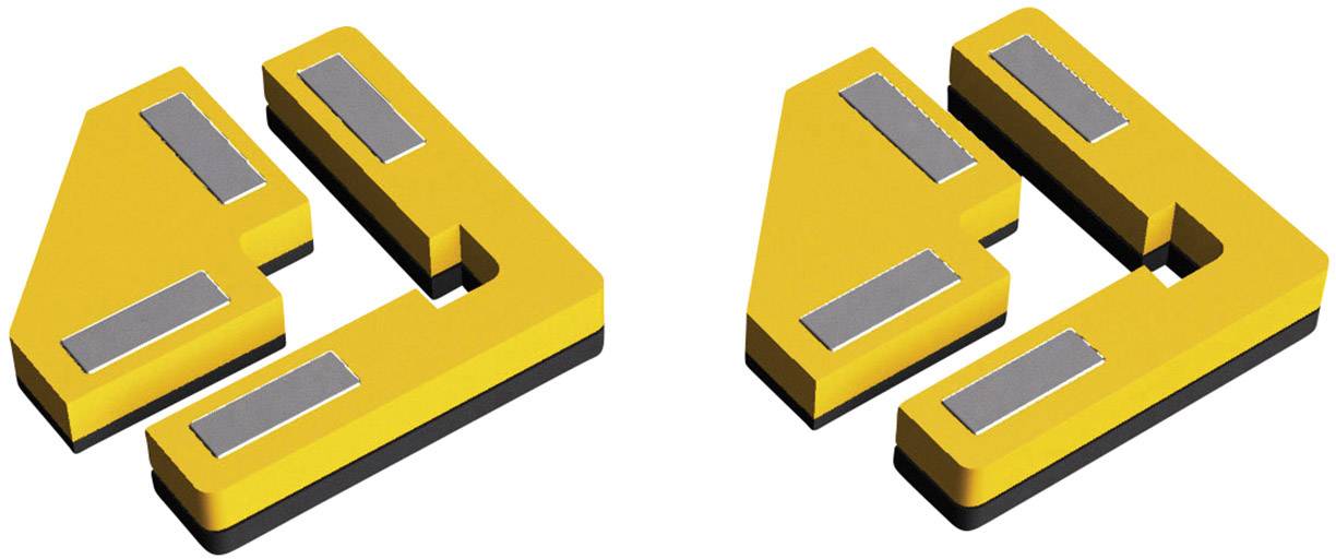 Two yellow corner angles with grey rectangular markings pointing in opposite directions.