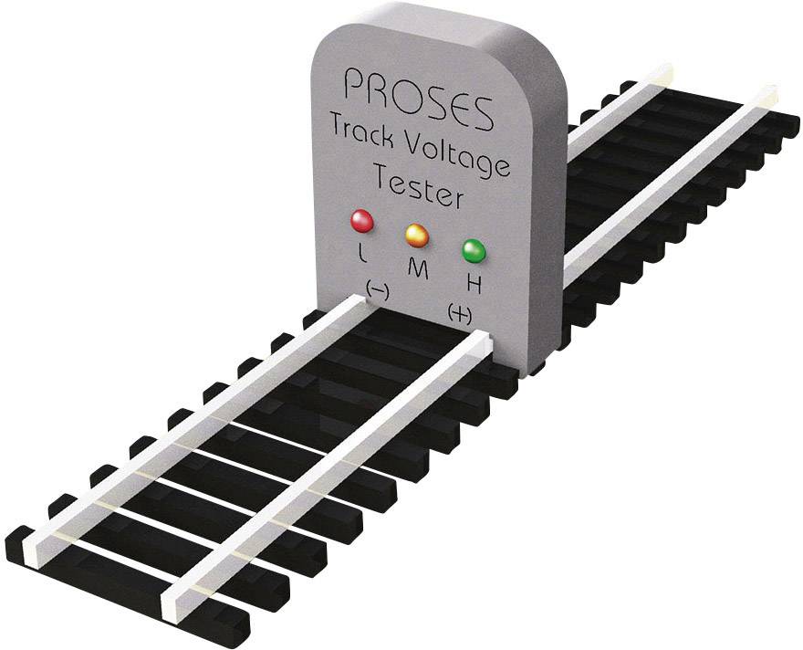 Voltage tester for model railway tracks with LEDs for low, medium and high voltage, placed on a section of track.