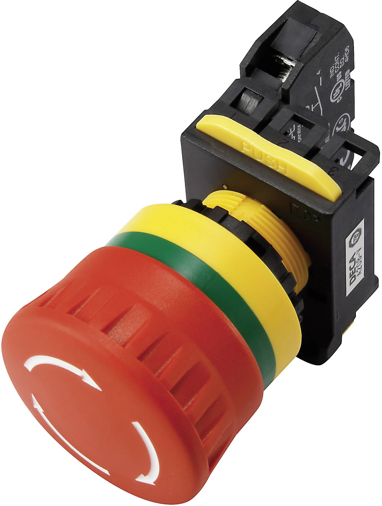 Red emergency stop switch with rotary lock mechanism on a black base piece, marked in yellow and green for visual emphasis.