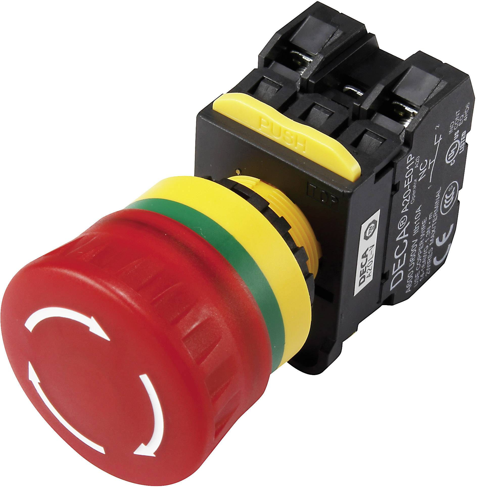 Red emergency stop switch with arrow symbols and yellow 'PUSH' button on an industrial background.