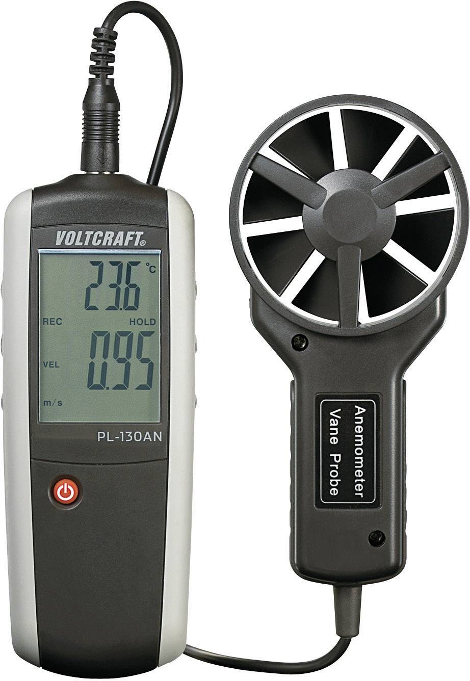 An anemometer measures wind speed and temperature. Display shows 23.6°C and 0.95 m/s. Make: Voltcraft PL-130AN.