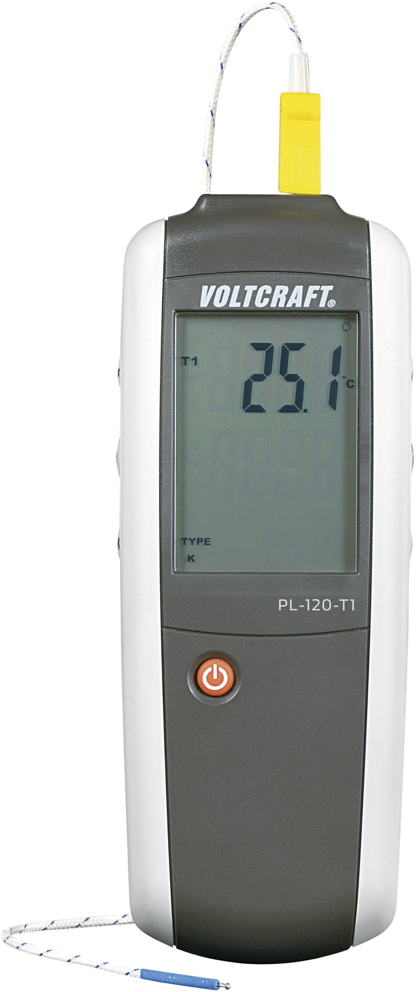 Digital thermometer with a large display showing '25.1°C'. Yellow sensor at the top, grey casing, marked 'VOLTCRAFT'.