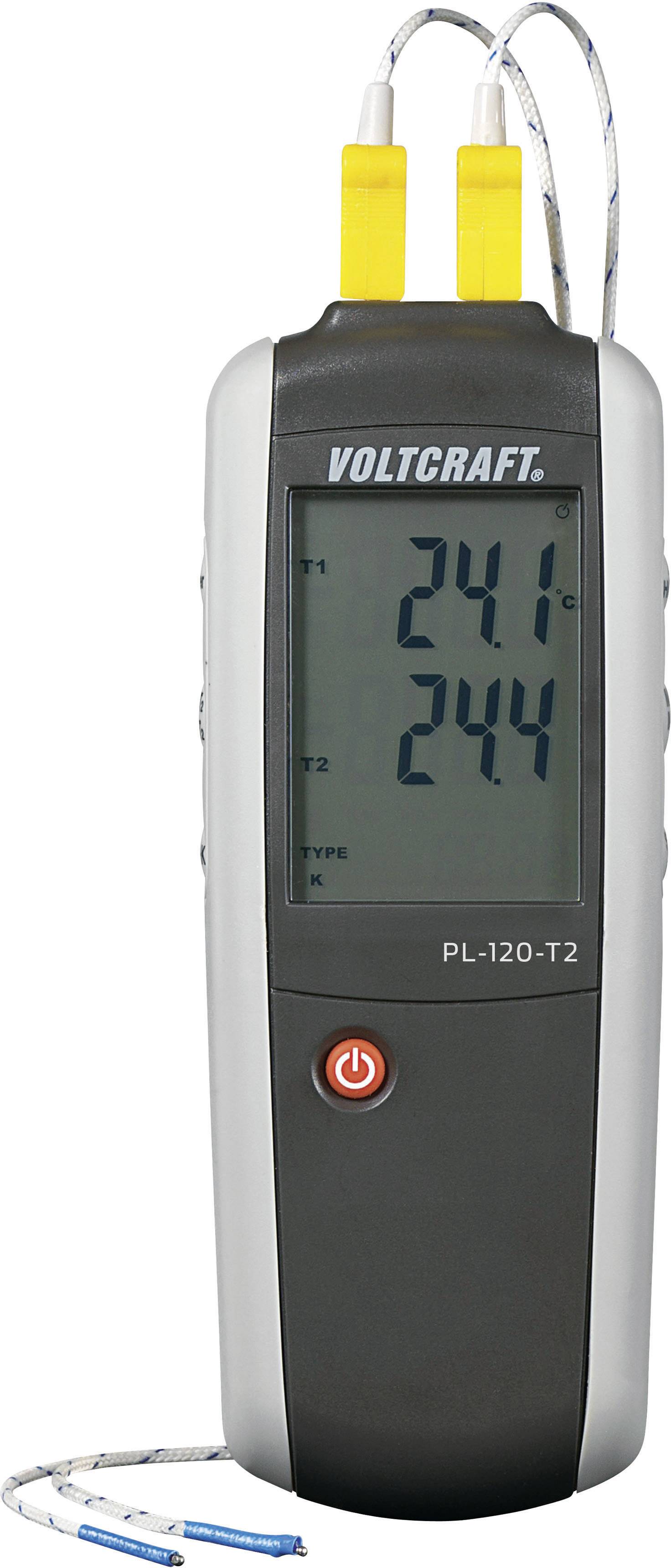 Digital thermometer with two yellow probes on top. Display shows '24.1°C' and '24.4°C'. Brand Voltcraft, Model PL-120-T2.
