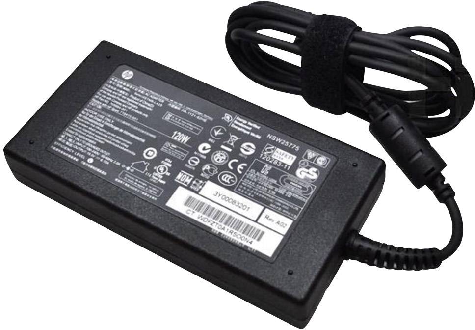 Black laptop charger with cable, label with technical specifications and safety certifications visible.