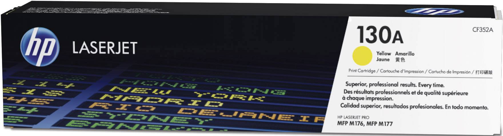 A HP LaserJet 130A Toner Cartridge in Yellow. Packaging displays multilingual product description and city display.