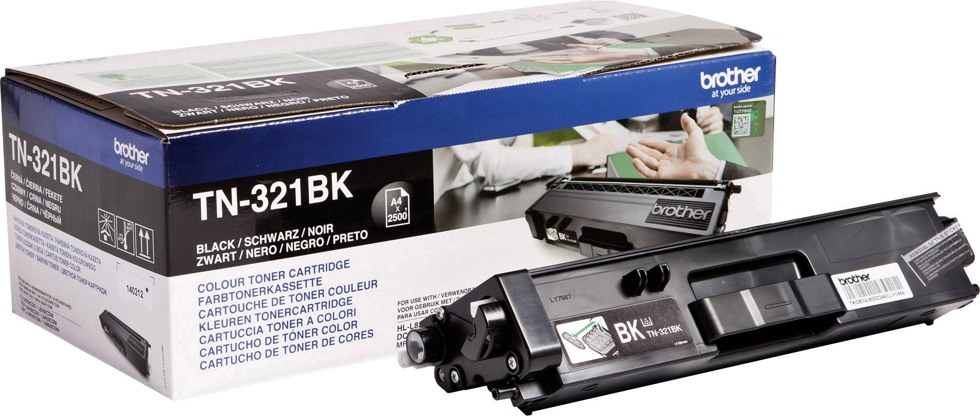A black toner cartridge by Brother, model TN-321BK, positioned in front of its packaging, designed for use in printers.