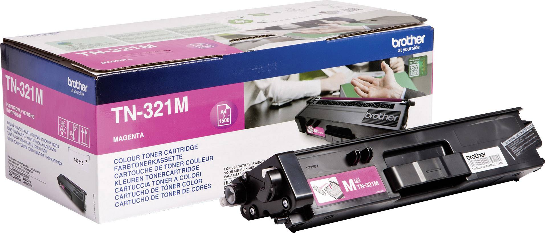 Brother TN-321M Printer Toner Cartridge, magenta. Packaging displays product image and compatible printer models. Suitable for colour printers.