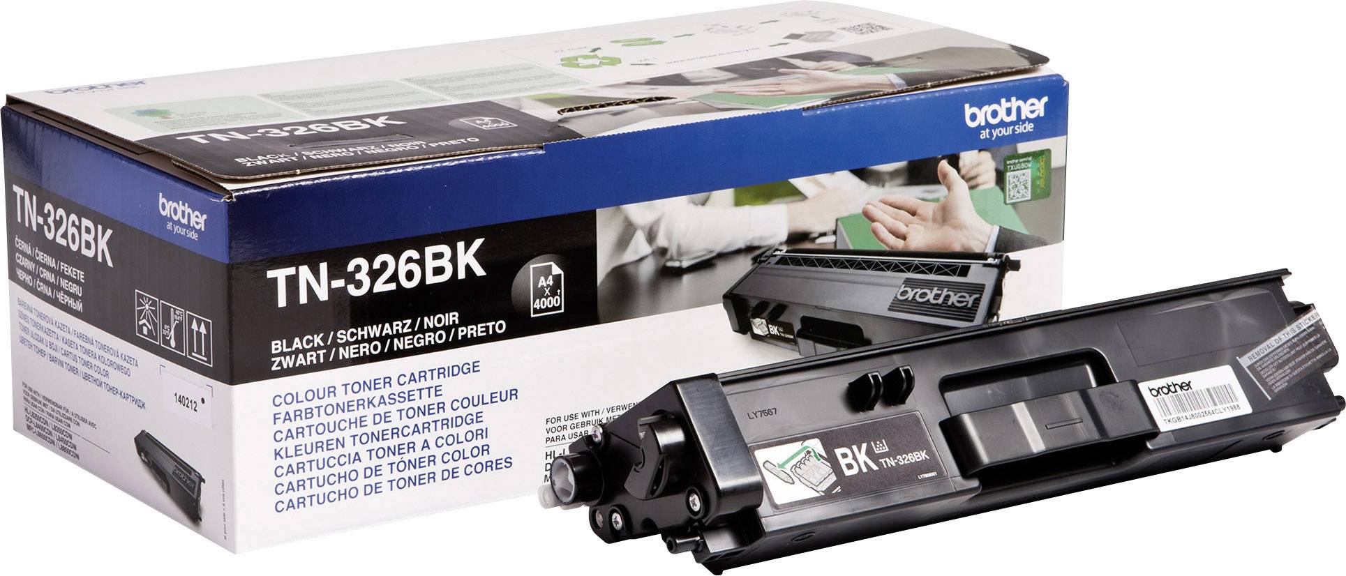 Brother TN-326BK Black Toner, packaging and toner cartridge visible, suitable for Brother printers; essential printer accessory information.