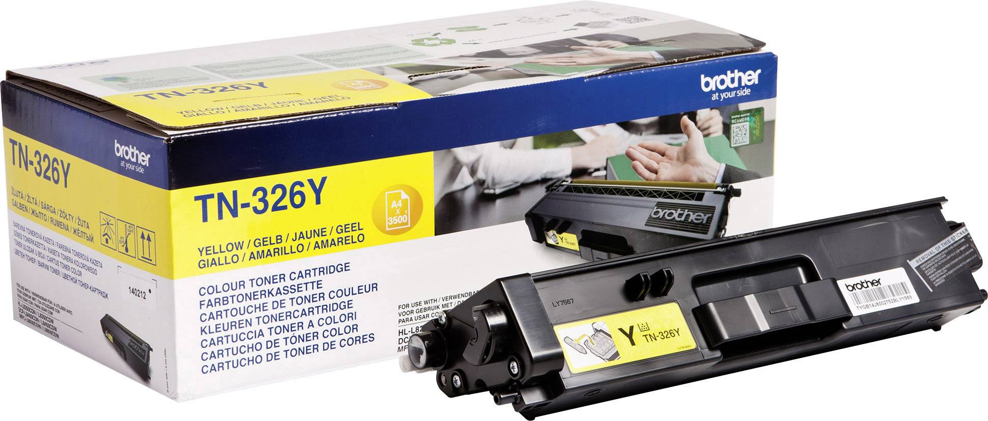 Yellow 'Brother TN-326Y' toner cartridge next to its packaging. Suitable for colour laser printers, with high yield and easy installation.