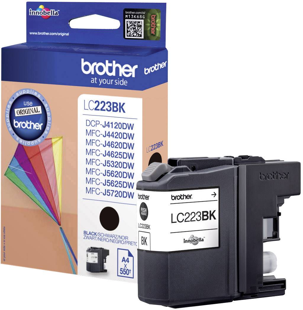 Brother LC223BK ink cartridge in Black, suitable for various printer models. Packaging displays product and corresponding printers.