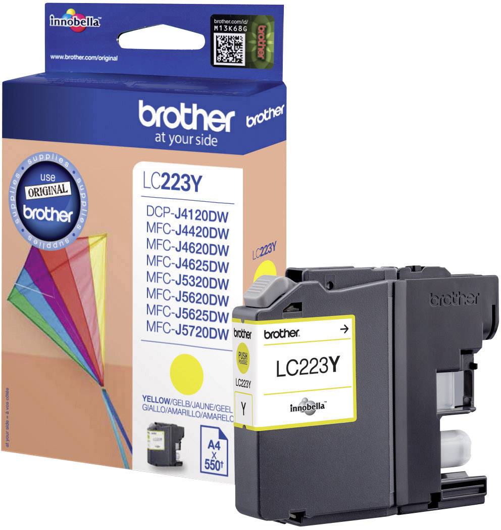 Cartridge for Brother printer, Model LC223Y, yellow, suitable for various printer models. Packaging displays vibrant colours.