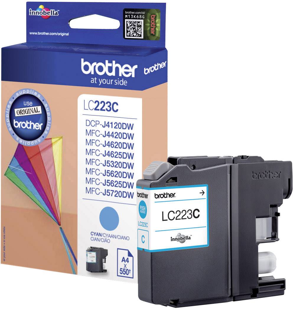 Magenta printer cartridge Brother LC223C with packaging. Compatible with models DCP-J4120DW, MFC-J4420DW, J4620DW, J4625DW, J5620DW, J5625DW, J5720DW.