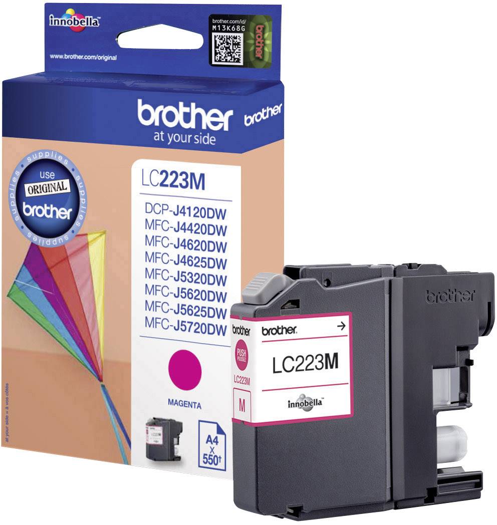Brother LC223M Magenta Printer Cartridge before packaging. Compatible with Brother printer models, offering approximately 550 pages print capacity.