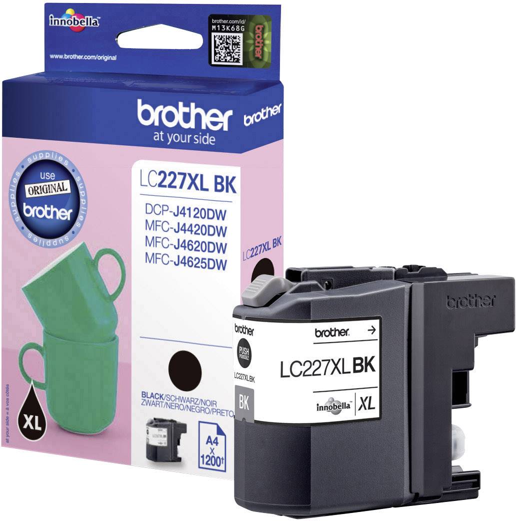 Brother LC227XLBK Black Ink Cartridge. Packaging shows cartridge and lists compatible printer models: DCP-J4120DW, MFC-J4420DW, MFC-J4620DW, MFC-J4625DW.