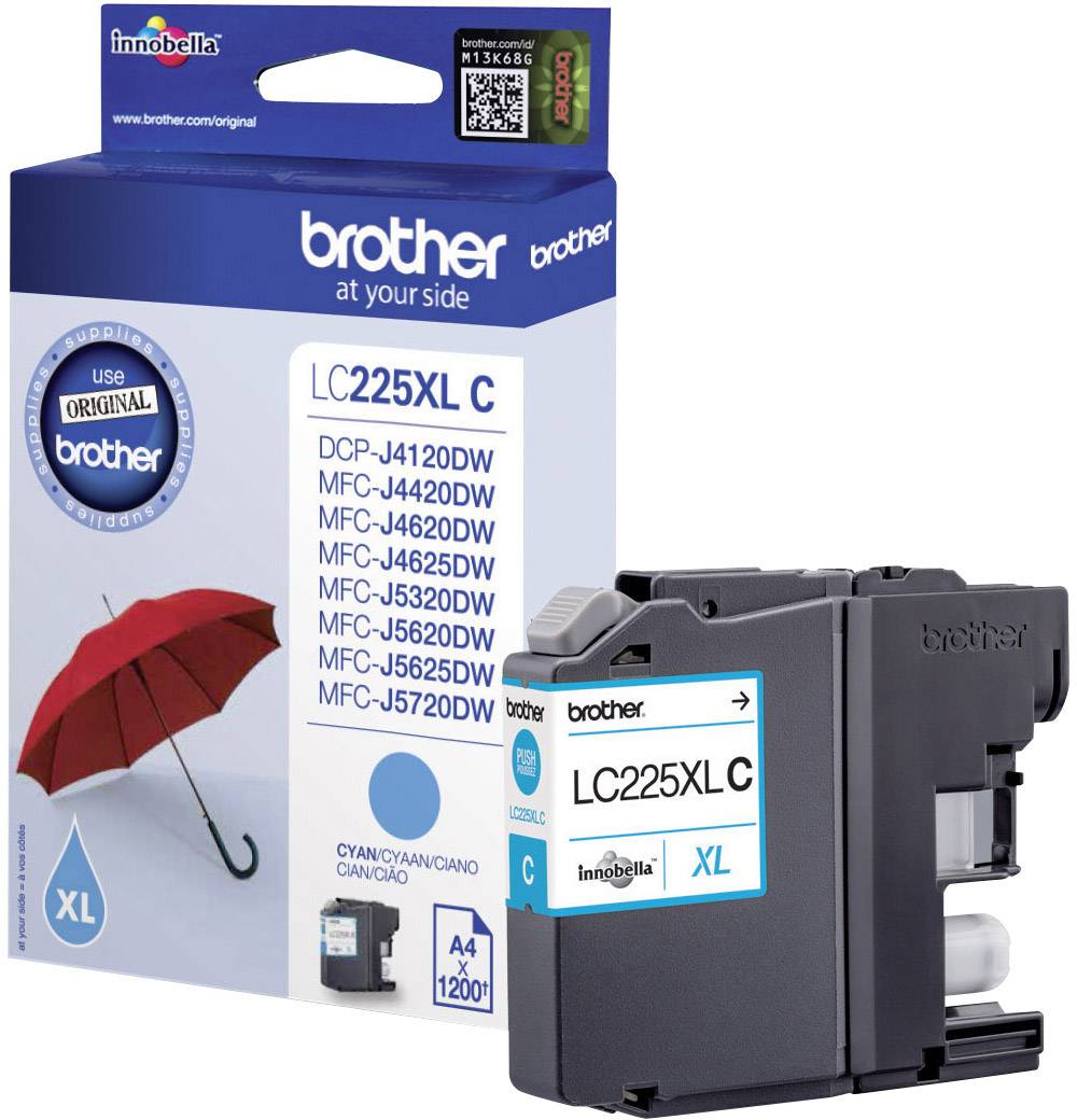 Brother LC225XL C ink cartridge, compatible with multiple printer models, blue packaging with red umbrella and XL text.