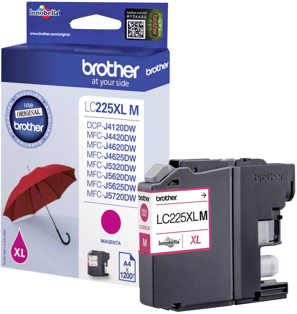 Brother LC225XL M printer cartridge, magenta, high capacity, compatible with multiple Brother models. Packaging features a red umbrella design.