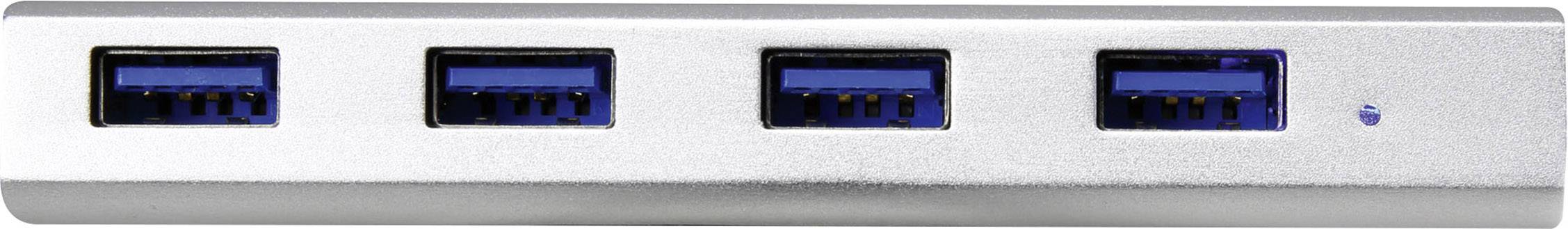 A four-port USB hub with a silver casing and blue USB 3.0 ports, providing additional connections.