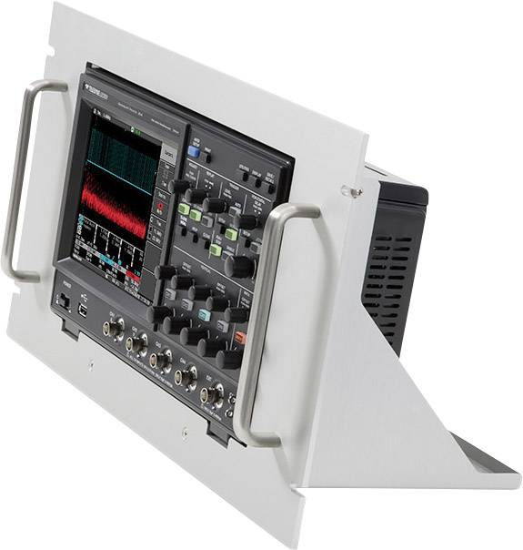 A digital oscilloscope with a screen displays signal diagrams and controls. It is mounted in a robust metal enclosure.