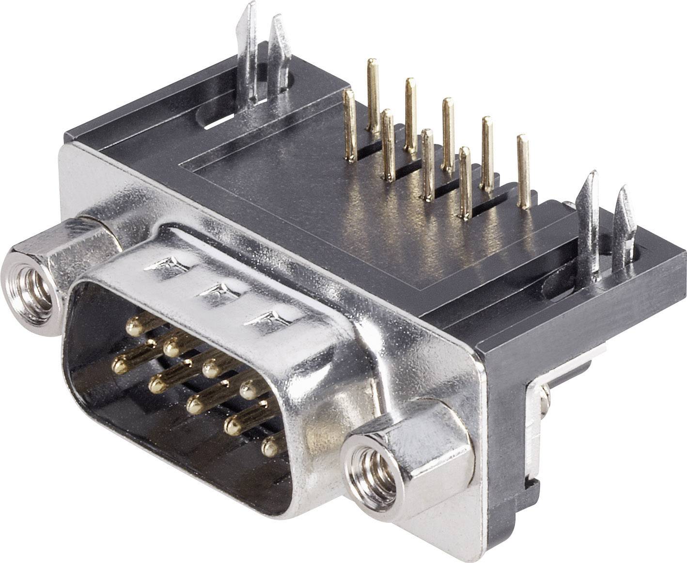 Close-up of a metallic D-sub connector with nine pins, typically used for serial connections in electronic devices.