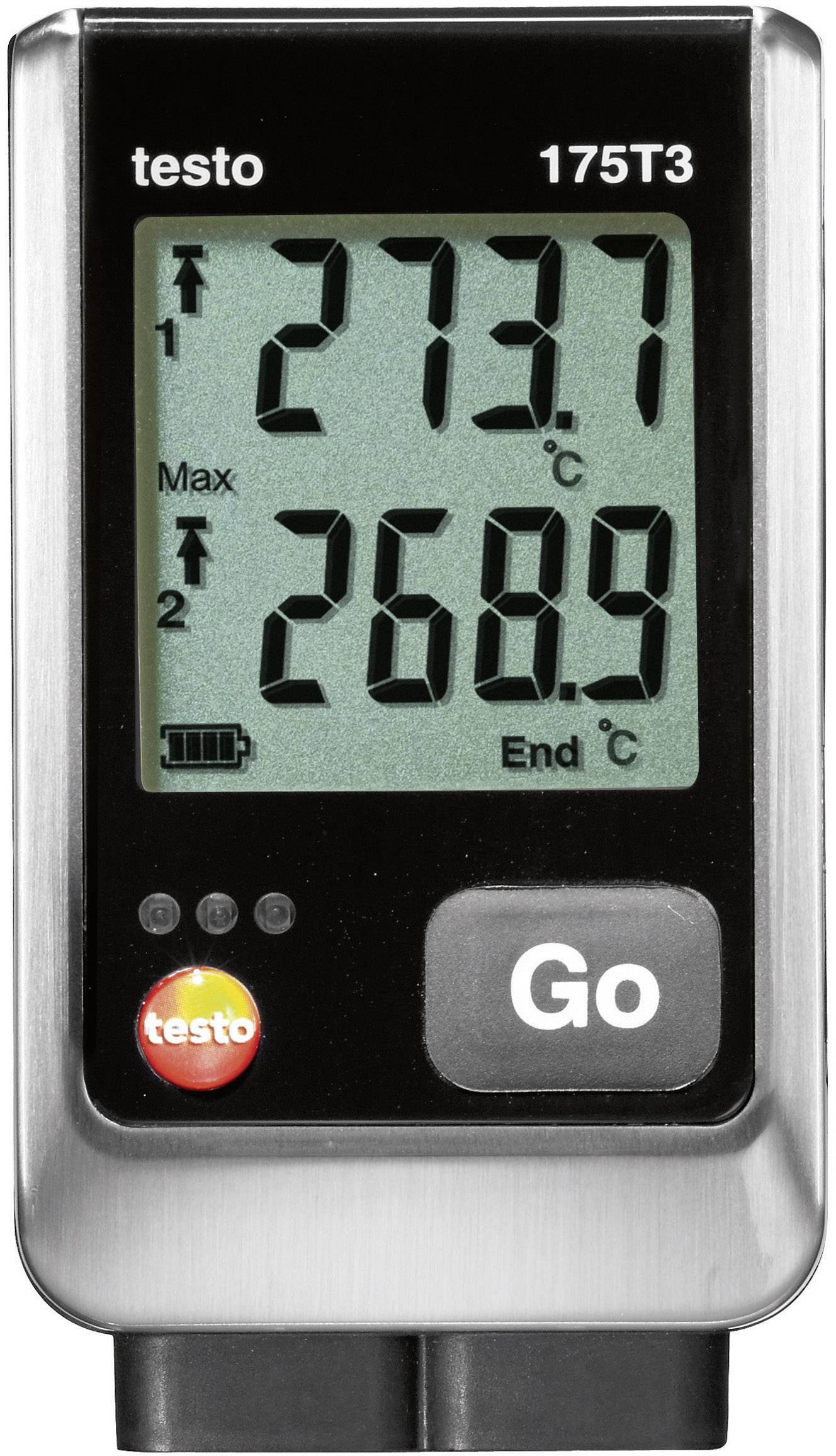 Digital thermometer device with display: Upper temperature 27.37°C, lower 26.89°C. Red 'testo' button bottom left, 'Go' button on the right.