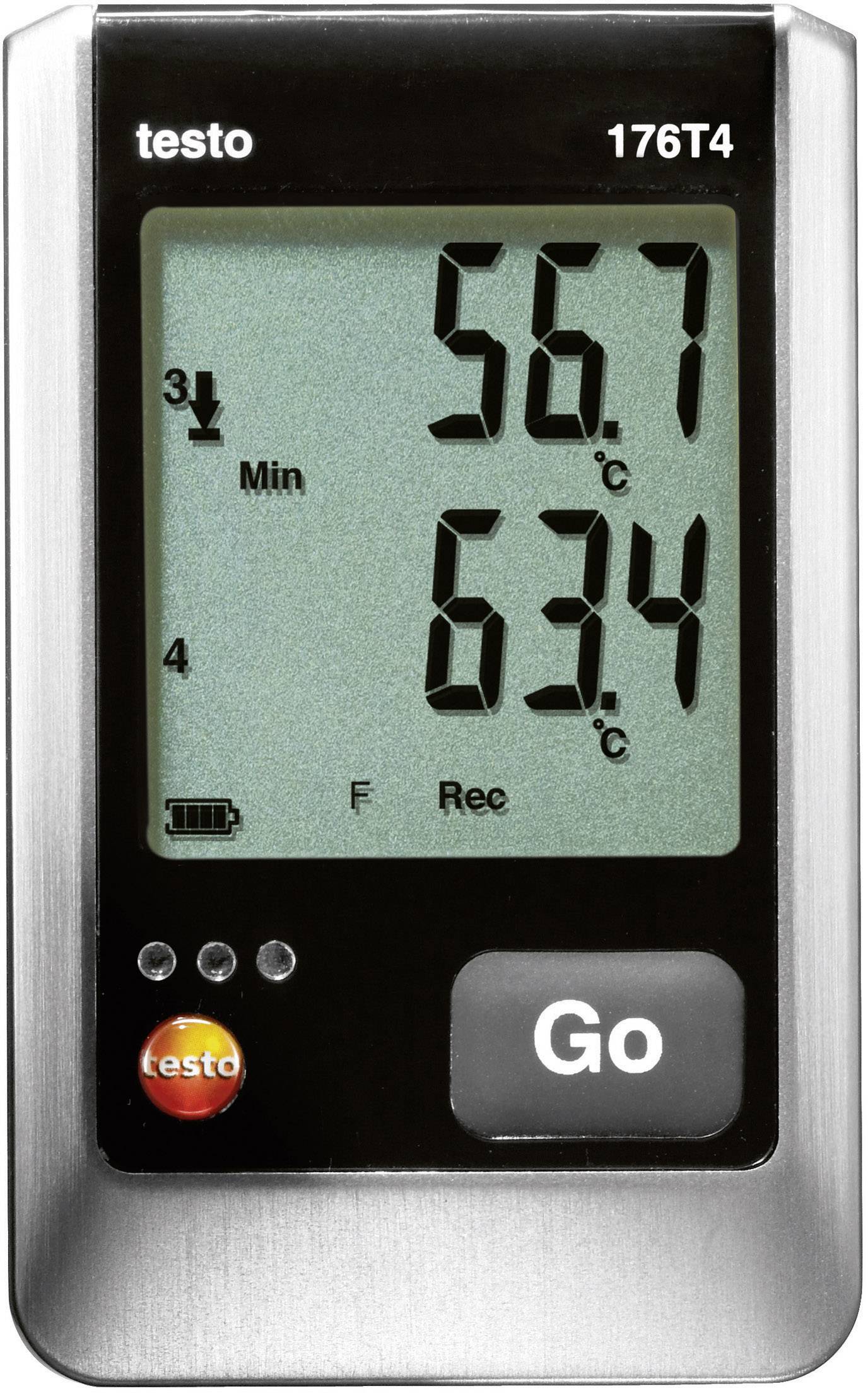 Datenlogger mit digitalem Display zeigt Temperaturwerte: '56,7°C' und '63,4°C'. Knopf mit Aufschrift 'Go'. Gerätetyp 'testo 176T4'.